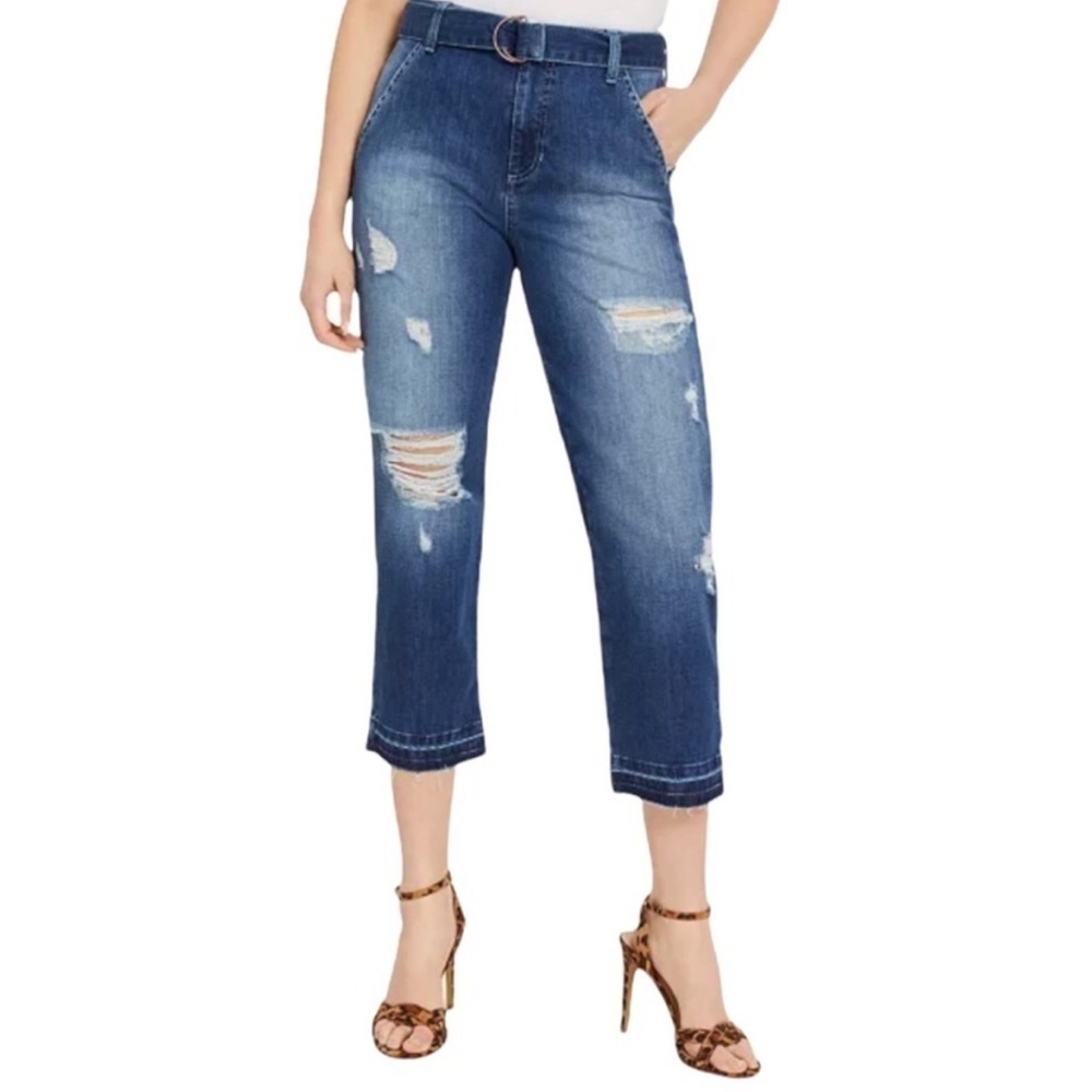 New! GUESS 1981 High Rise Belted Straight Leg Crop Distressed Raw Hem Jeans